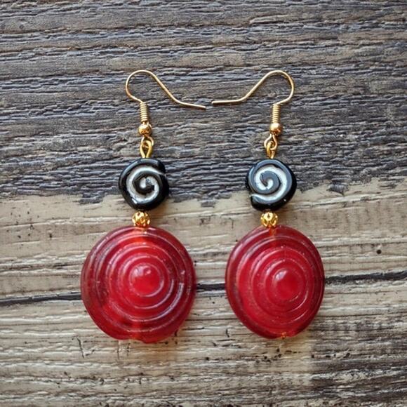 unknown Jewelry - Handmade Large Red Ripple Disc and Black Spiral Glass Bead Gold Tone Earrings